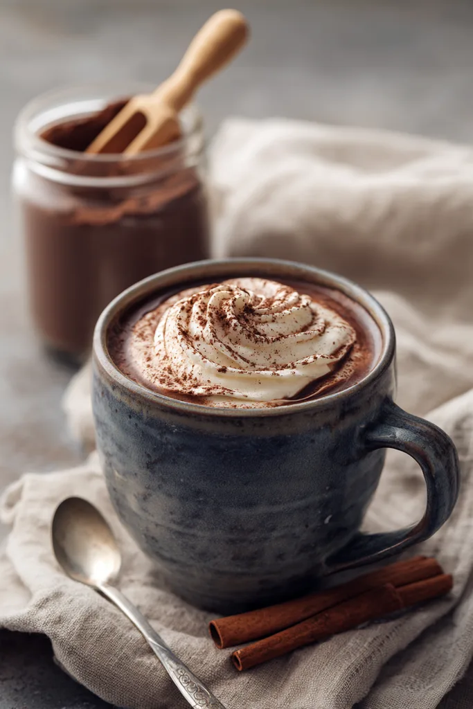 Keto hot chocolate mix in a glass jar next to a mug of hot chocolate topped with whipped cream