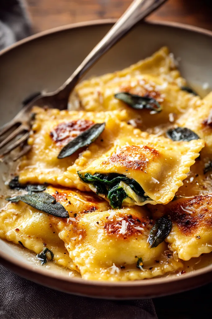 Bowl of keto ravioli pan-fried in brown butter with one cut open showing spinach ricotta filling