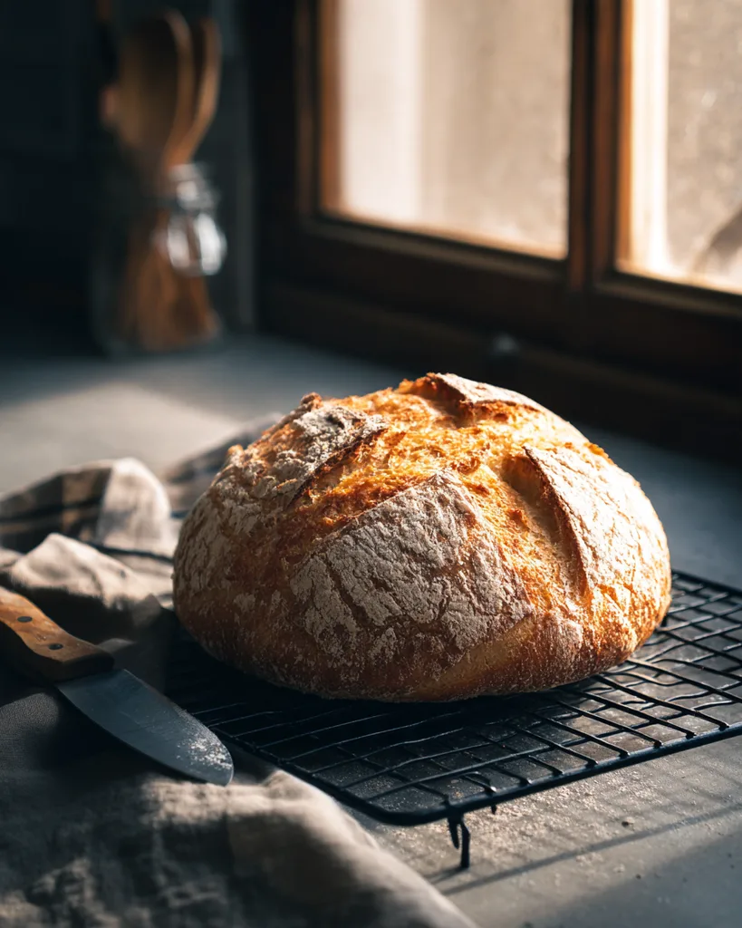 Baked round keto bread loaf cooling on a wire rack with the scored crust opened