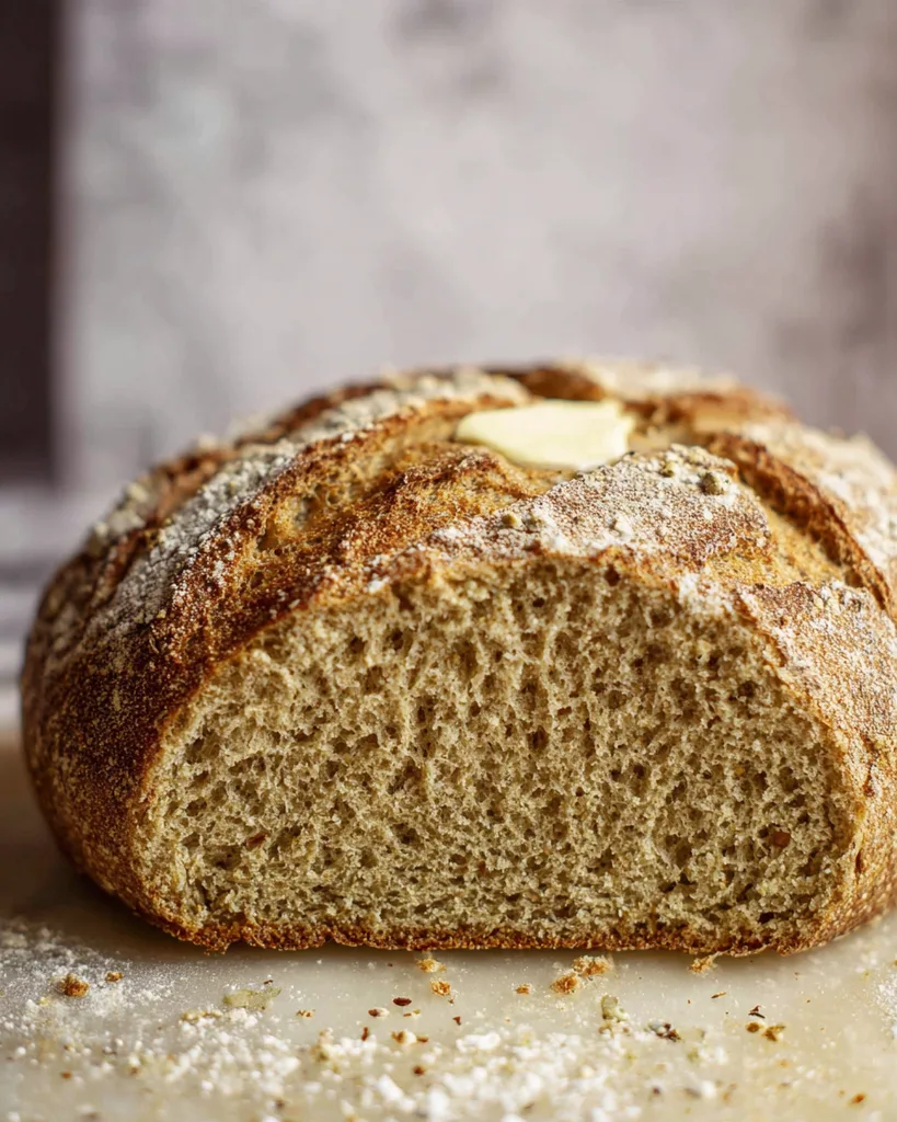 Close-up of a slice of low carb sourdough style bread with an open crumb and melting butter