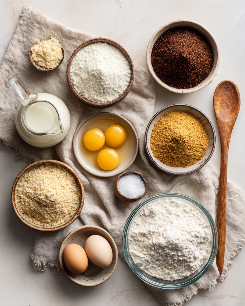 Almond flour, psyllium husk, flaxseed meal, egg whites, buttermilk and cider vinegar laid out