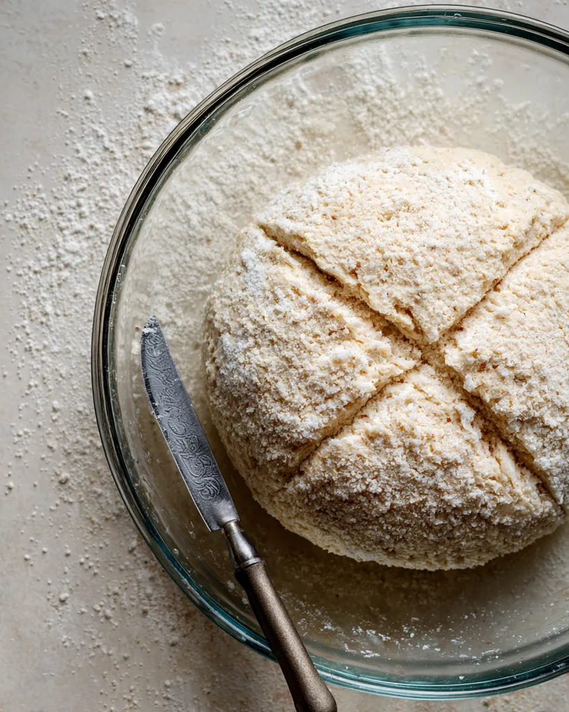 Scored round low carb bread dough dusted with almond flour in a glass baking dish