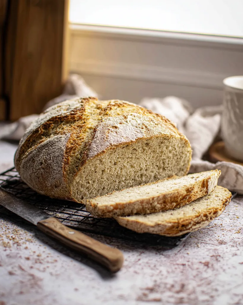 Round keto sourdough bread loaf with a scored crust and two thick slices cut from it