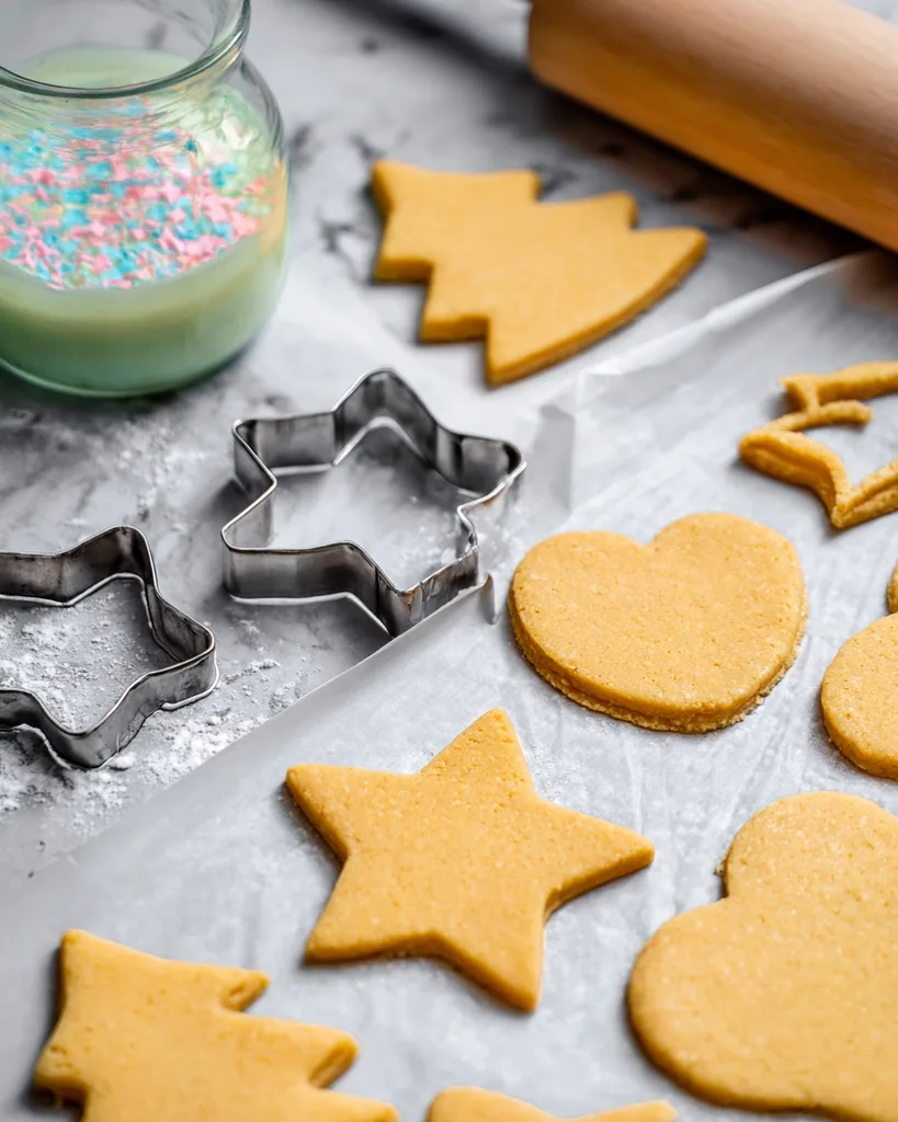 Peeling dough scraps away from cut-out star cookies on parchment paper