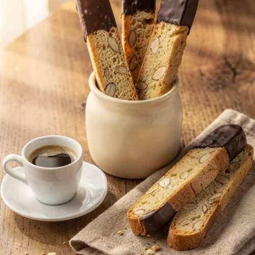 Chocolate-dipped keto biscotti standing in a cream crock beside an espresso