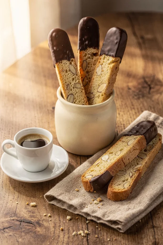 Chocolate-dipped keto biscotti standing in a cream crock beside an espresso