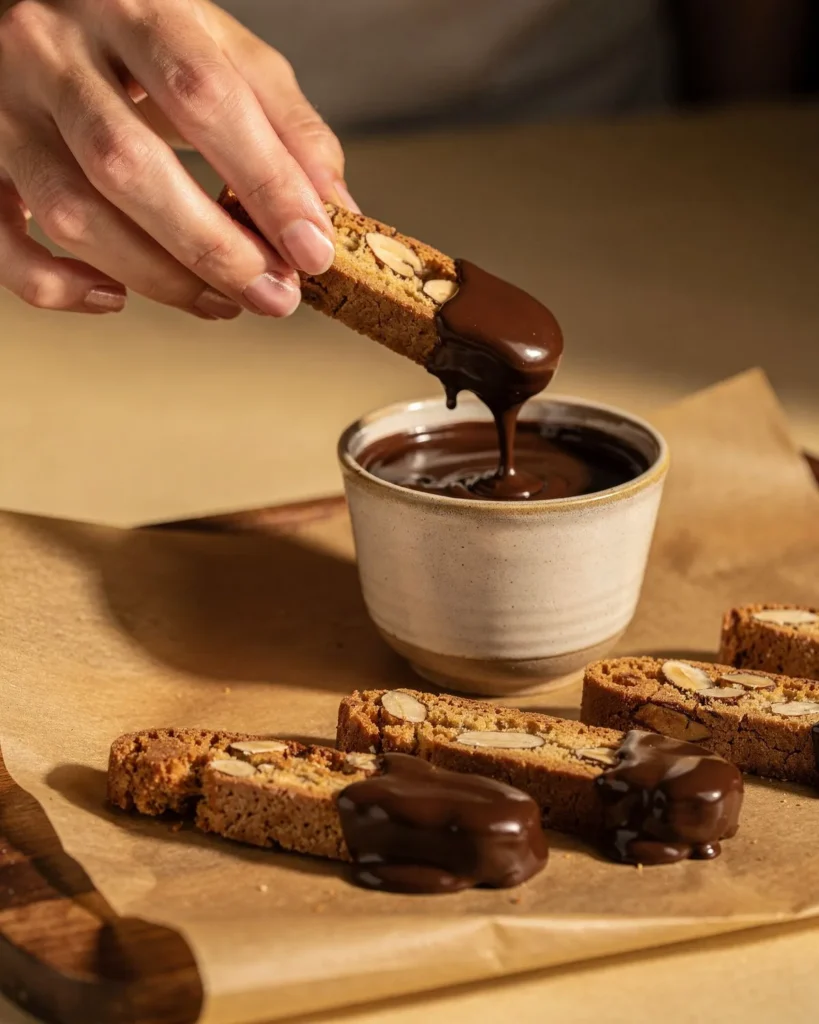 Dipping the end of an almond biscotti in melted dark chocolate