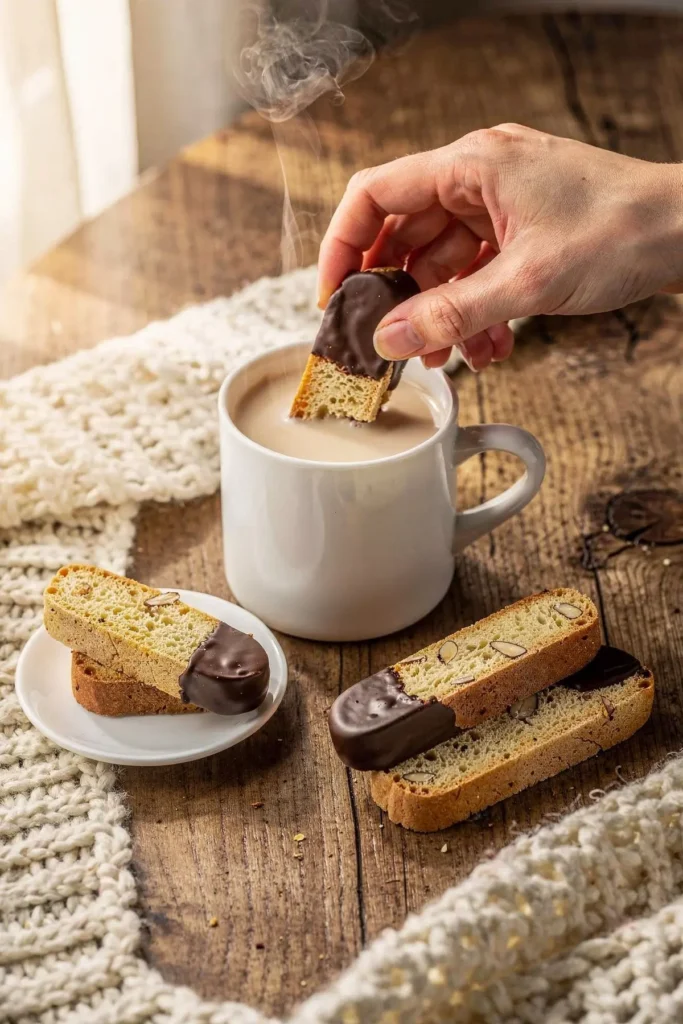 Dunking a low carb almond biscotti into a mug of coffee