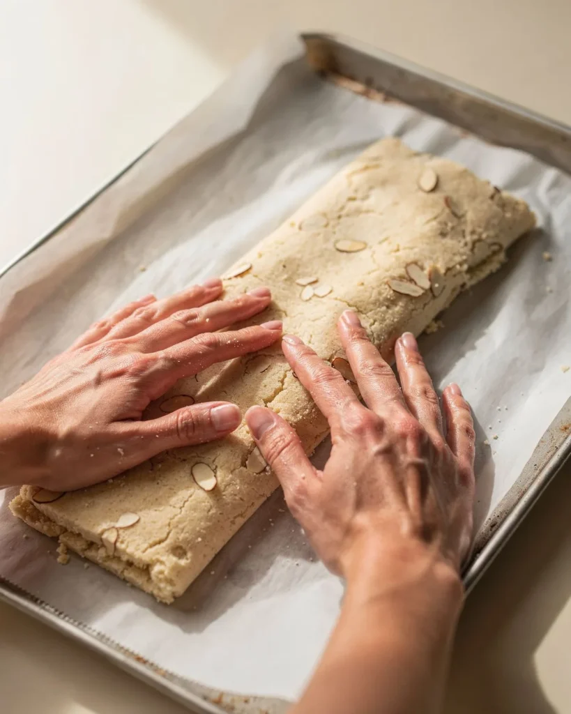 Shaping the biscotti dough into a flat log on parchment