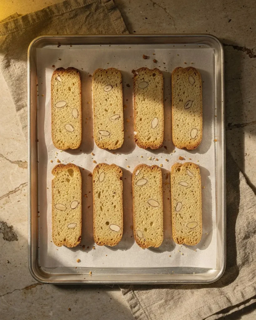Half-inch keto biscotti slices laid out on a lined baking sheet for the second bake