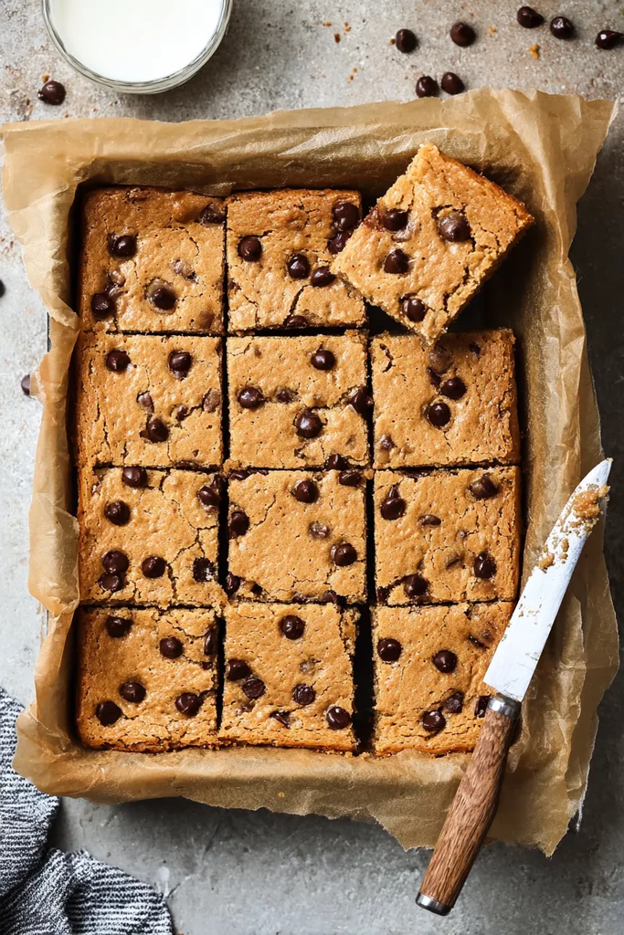 Overhead pan of almond flour blondies cut into squares