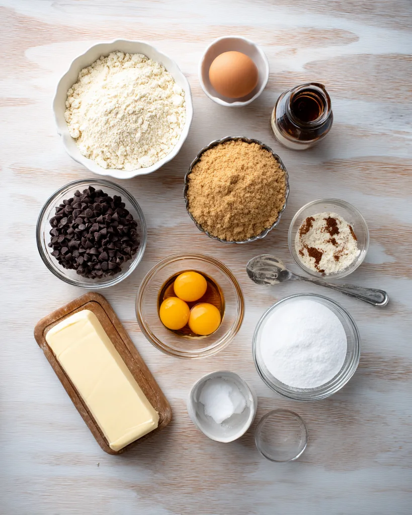 Almond flour, brown sweetener, butter and chocolate chips for keto blondies
