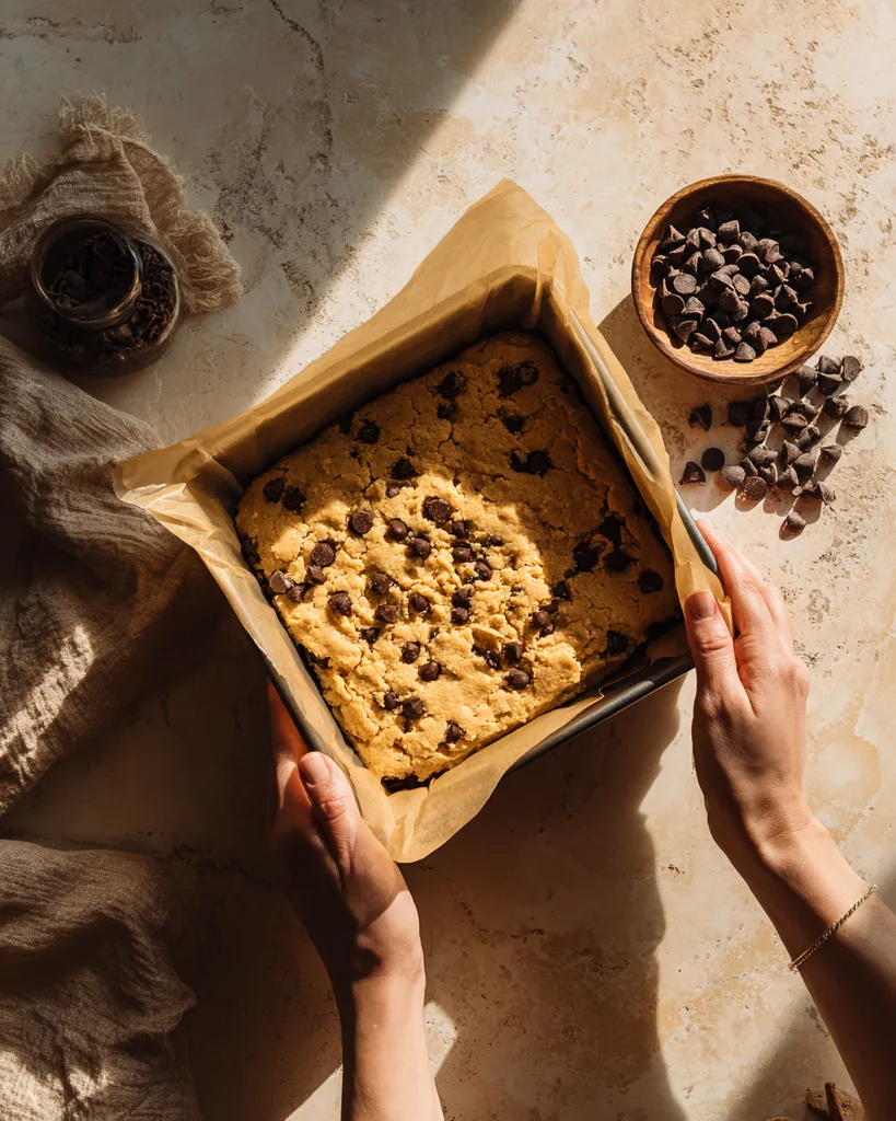 Pressing keto blondie dough into a lined square pan