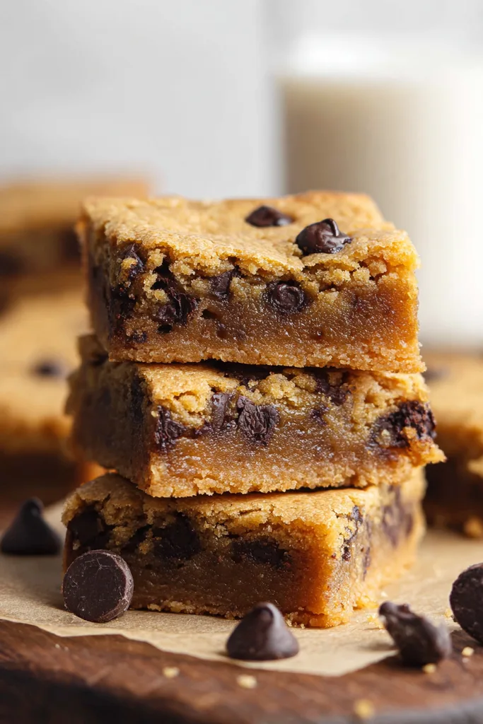 Stack of keto blondies with chocolate chips and a chewy center
