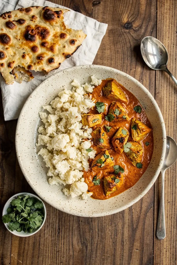 Bowl of butter chicken with cauliflower rice and a piece of flatbread, seen from above