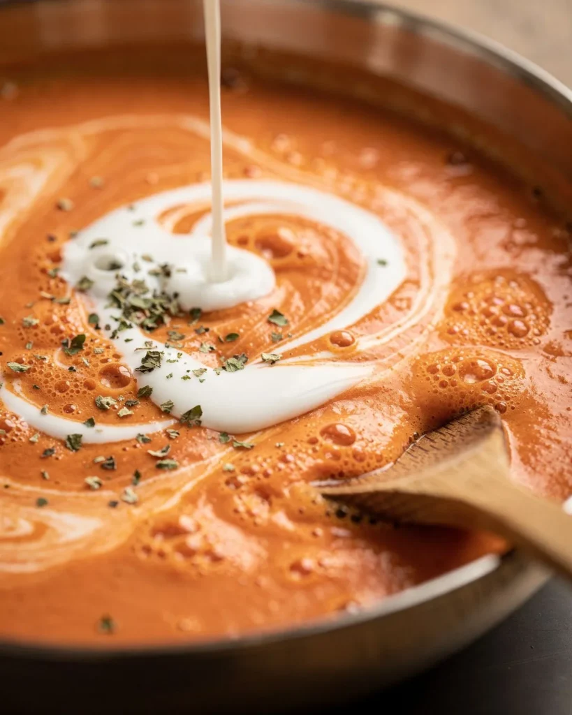 Heavy cream swirling into a smooth tomato sauce with dried fenugreek leaves
