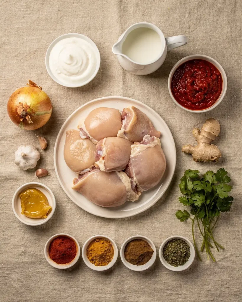 Raw chicken thighs, yogurt, cream, crushed tomatoes, onion, garlic, ginger, ghee and ground spices for butter chicken