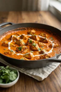 Keto butter chicken pieces in a creamy orange tomato sauce with a swirl of cream and cilantro in a dark pan
