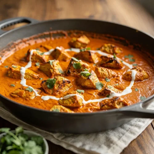 Keto butter chicken pieces in a creamy orange tomato sauce with a swirl of cream and cilantro in a dark pan