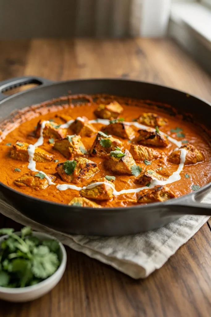 Keto butter chicken pieces in a creamy orange tomato sauce with a swirl of cream and cilantro in a dark pan