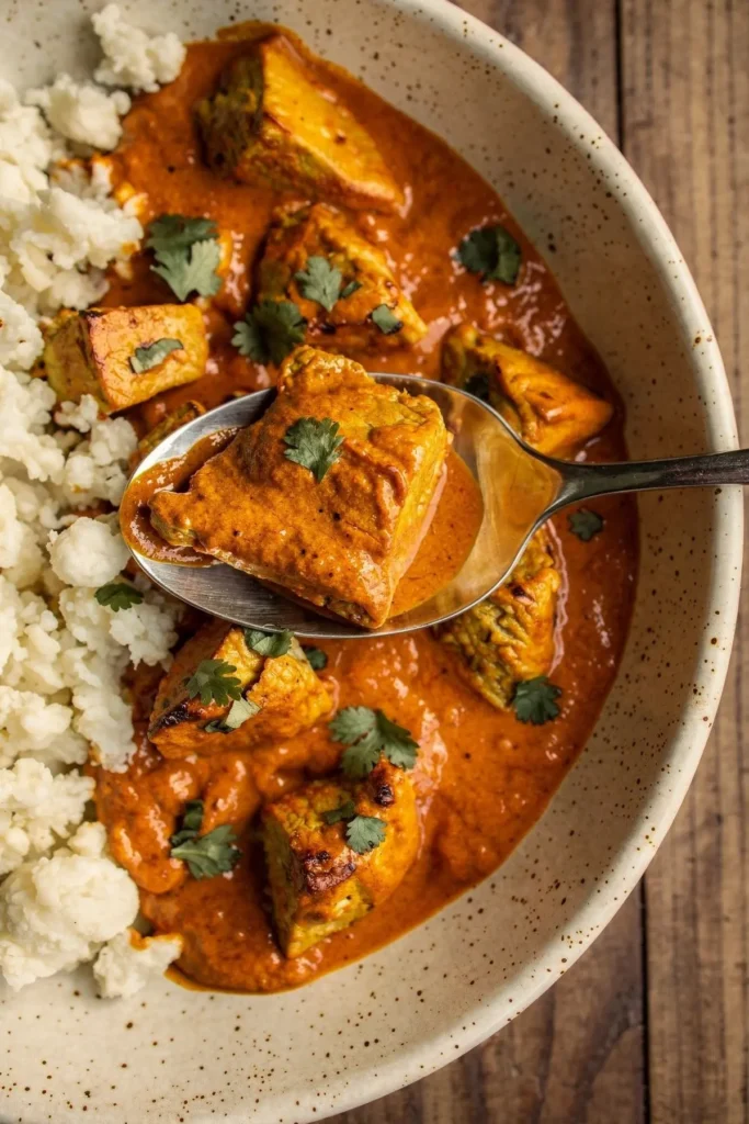 Spoonful of tender butter chicken in a thick, glossy sauce over cauliflower rice