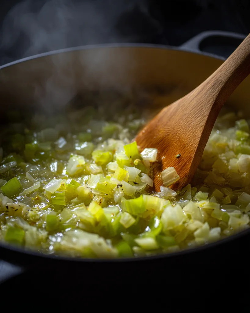 Onion and celery softening in butter for clam chowder