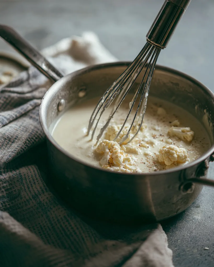 Blending part of the cauliflower to thicken keto clam chowder