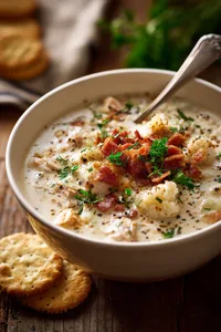 Bowl of creamy keto clam chowder topped with turkey bacon and parsley