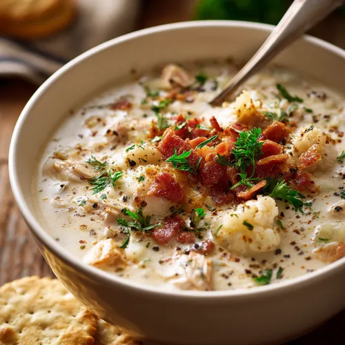 Bowl of creamy keto clam chowder topped with turkey bacon and parsley
