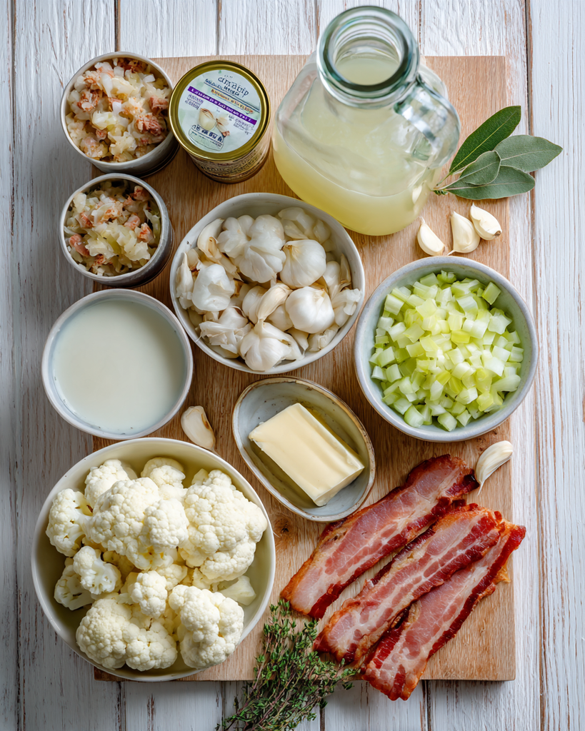 Canned clams, clam juice, cauliflower and cream for keto chowder