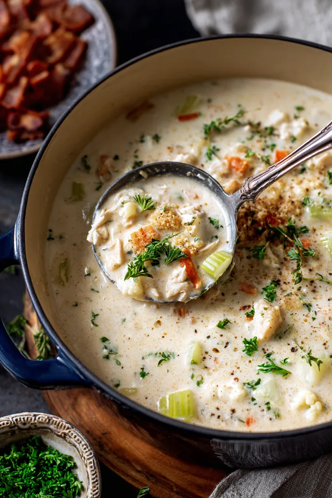Overhead pot of low carb clam chowder with cauliflower