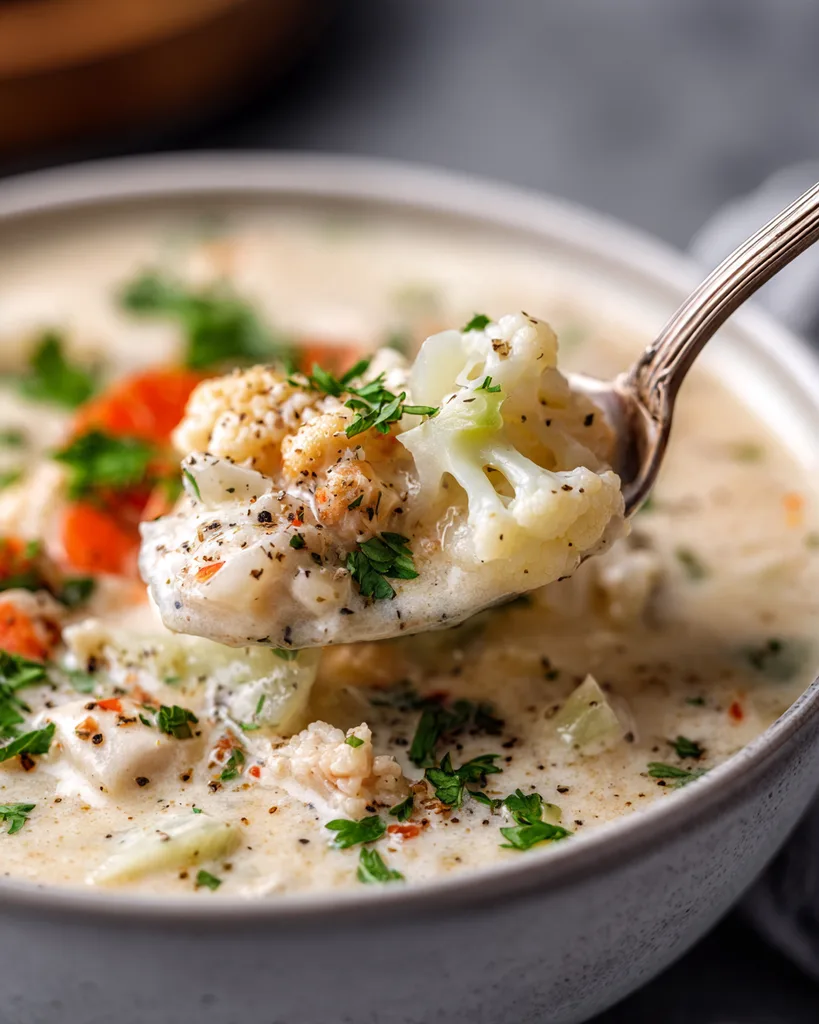 Spoonful of thick low carb clam chowder with tender clams