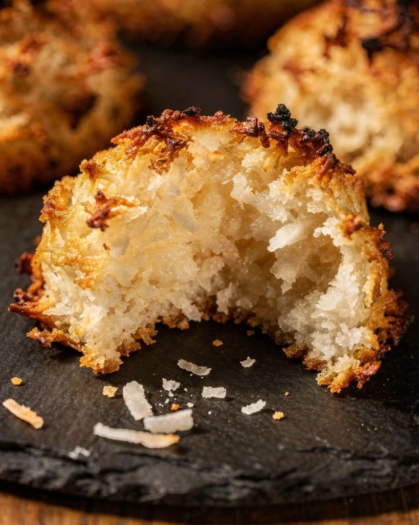Low carb coconut macaroon broken in half to show the chewy center