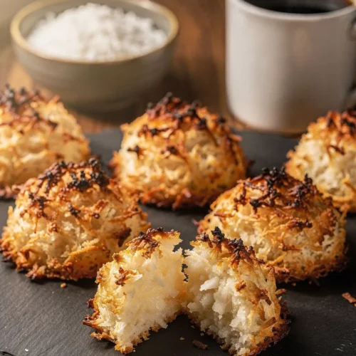 Golden keto coconut macaroons on a slate board with one broken open to show the chewy center