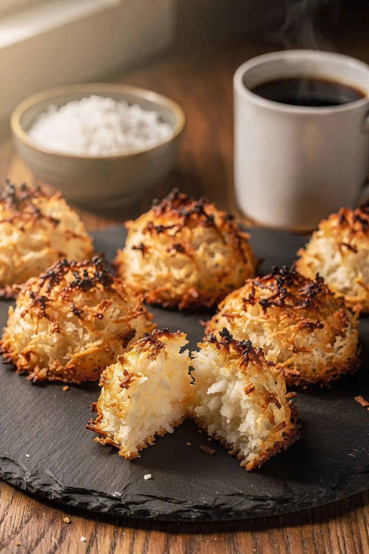 Golden keto coconut macaroons on a slate board with one broken open to show the chewy center
