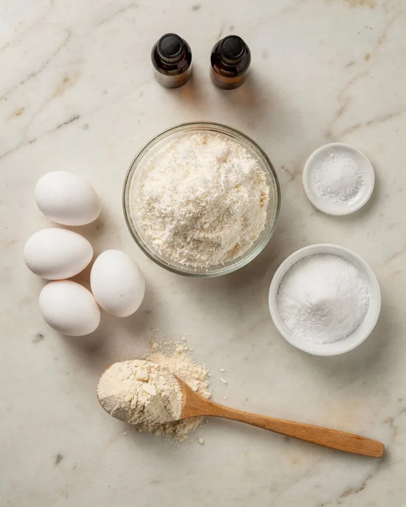 Shredded coconut, eggs, coconut flour and powdered sweetener for keto coconut macaroons