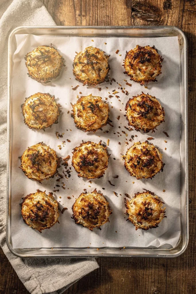 Overhead tray of freshly baked sugar-free coconut macaroons