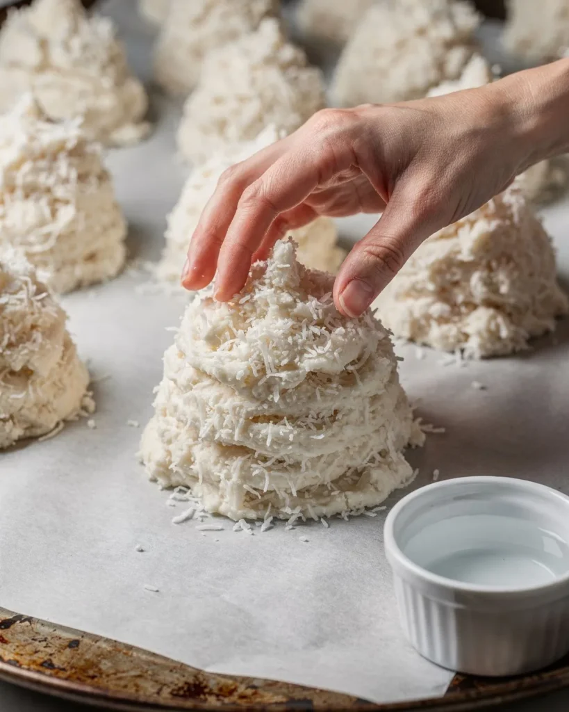 Shaping coconut macaroon mixture into tall domes with damp fingers