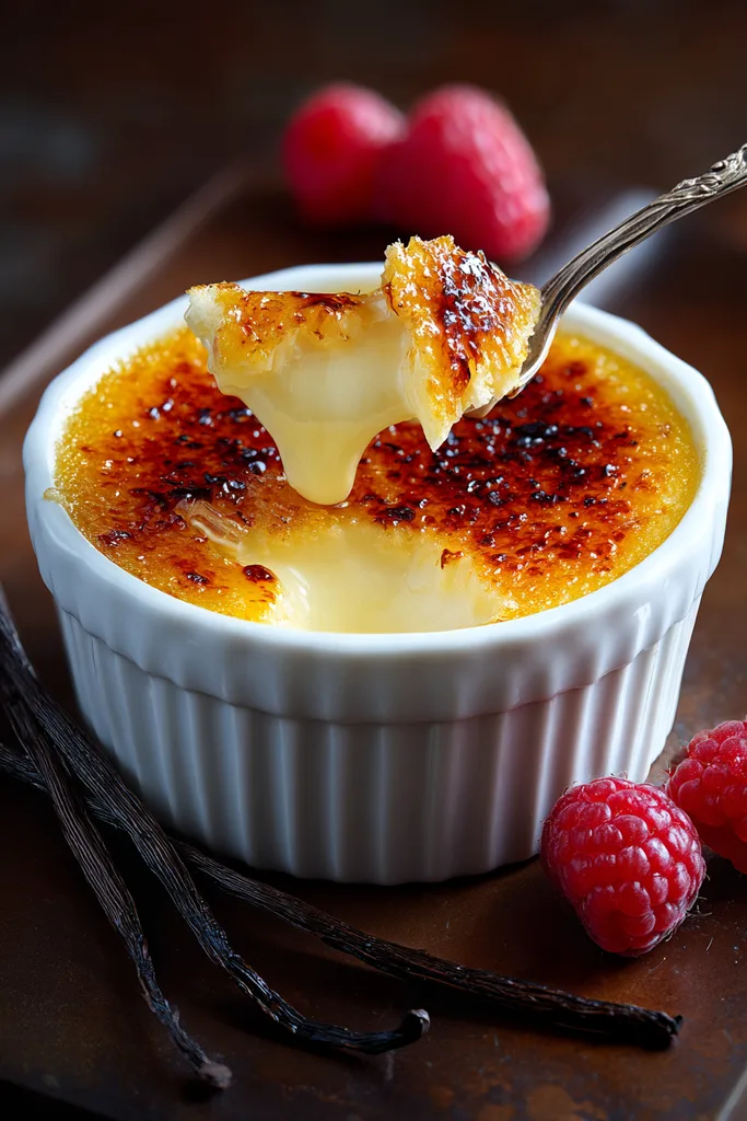 Spoon cracking the caramelized top of a keto creme brulee