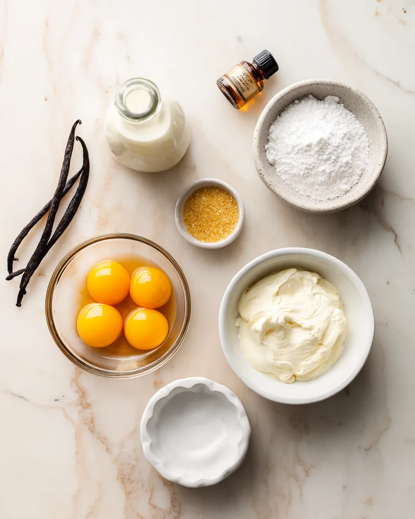 Heavy cream, egg yolks and golden erythritol for keto creme brulee