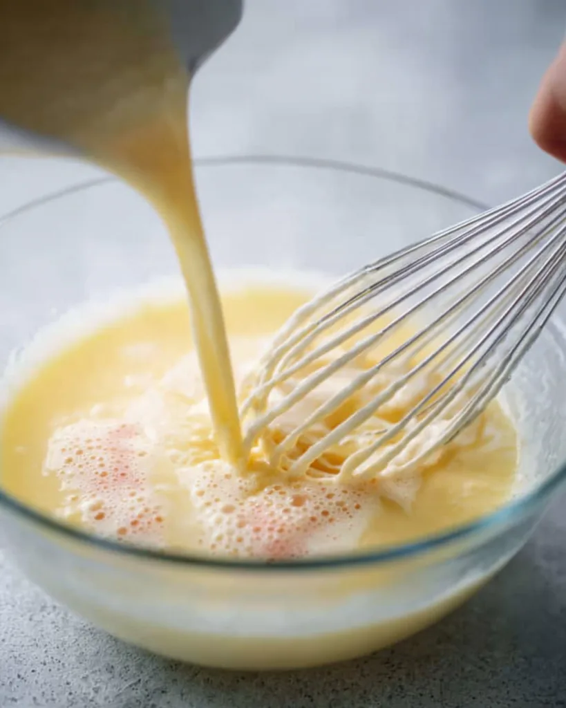 Whisking warm cream slowly into egg yolks for creme brulee custard