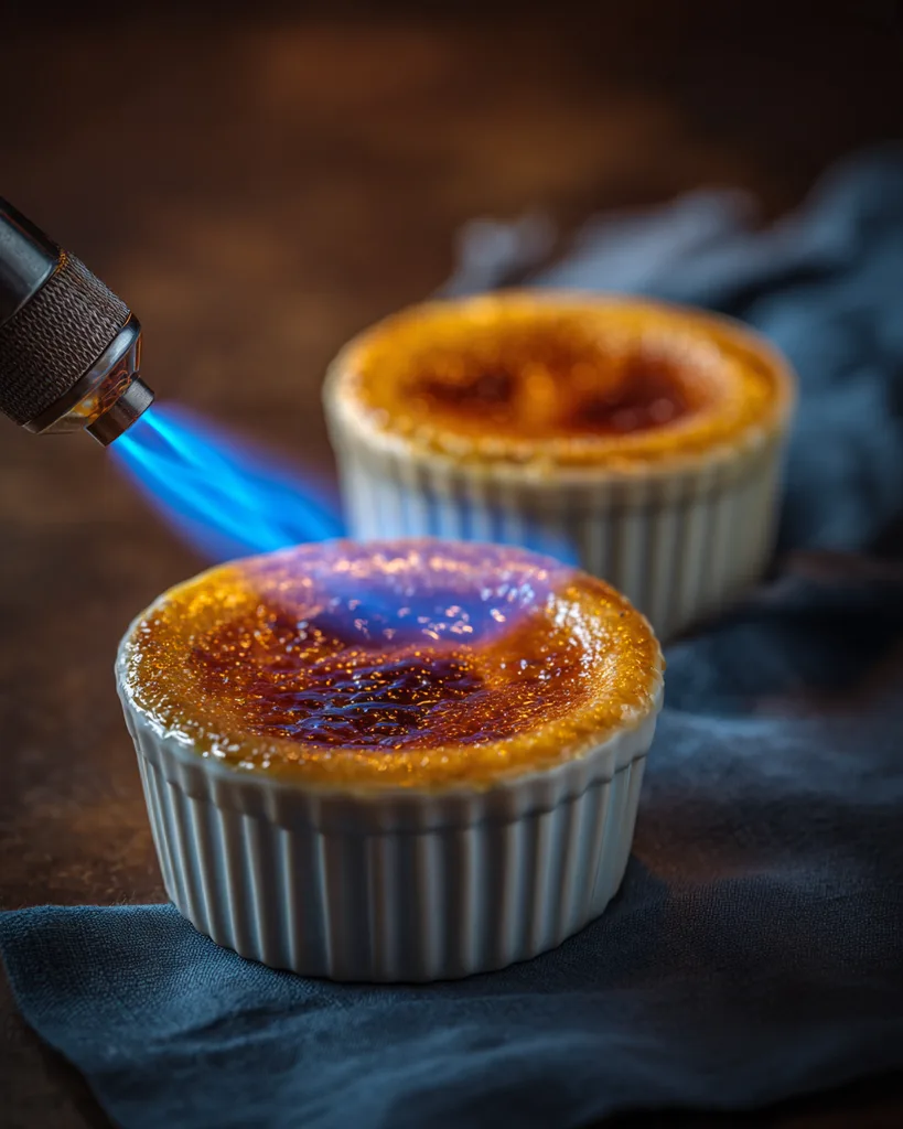 Torching golden erythritol on a sugar-free creme brulee