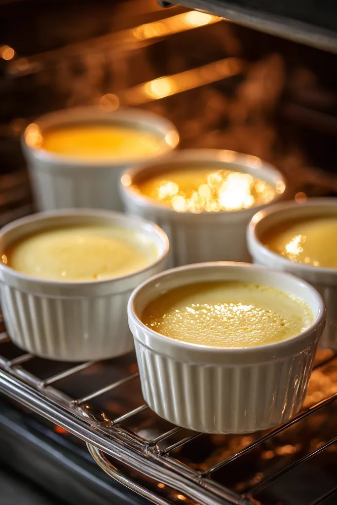 Ramekins of sugar-free custard baking in a water bath