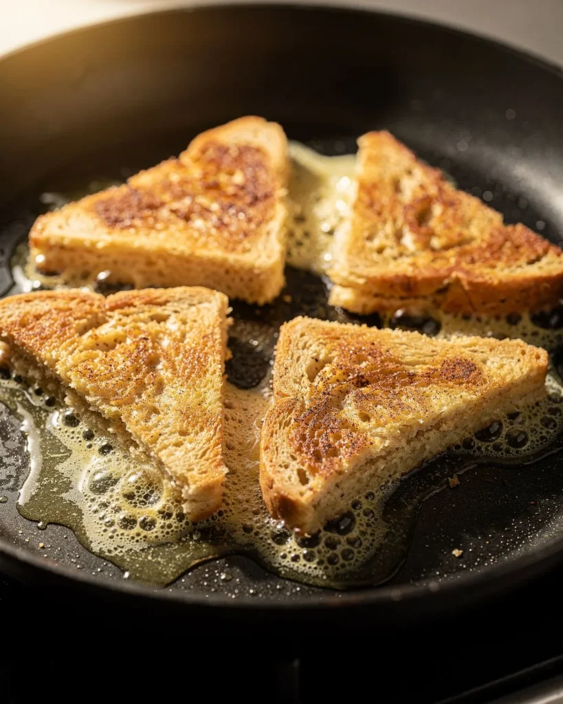 Keto french toast triangles browning in foaming butter in a nonstick skillet