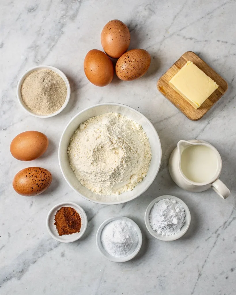Almond flour, psyllium husk powder, eggs, butter, cream, cinnamon and sweetener for keto french toast on marble