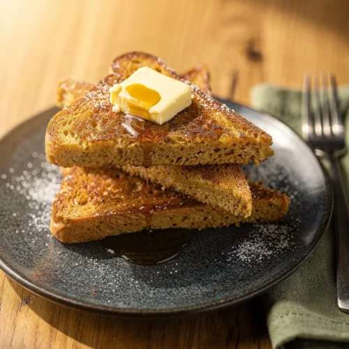 Stack of keto french toast triangles with a melting pat of butter and syrup on a dark plate
