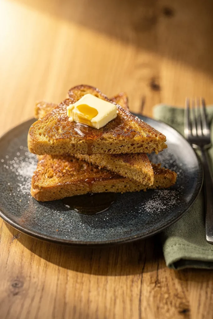 Stack of keto french toast triangles with a melting pat of butter and syrup on a dark plate