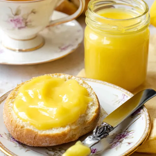 Keto lemon curd spread on an English muffin, with a jar of curd and a cup of tea