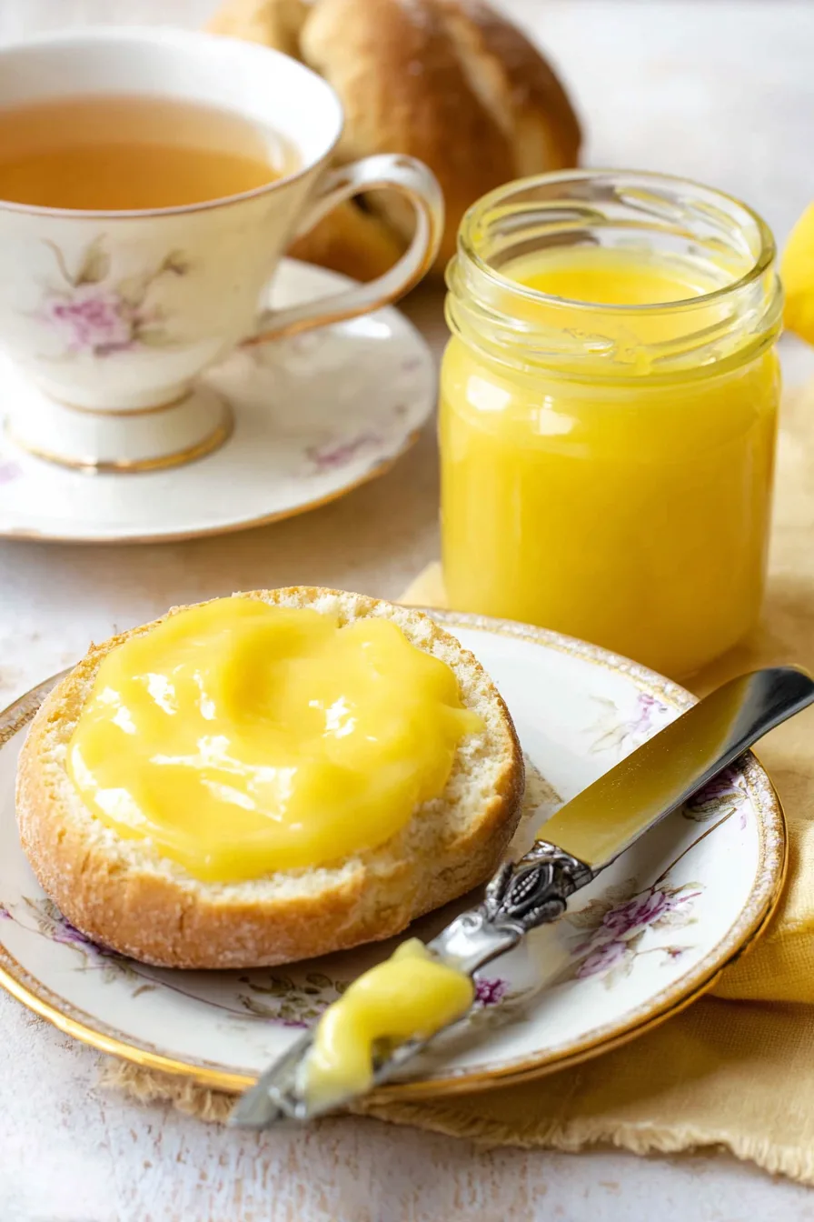 Keto lemon curd spread on an English muffin, with a jar of curd and a cup of tea