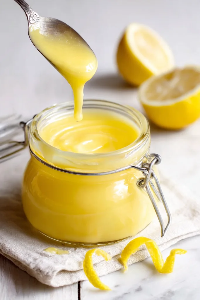Jar of glossy keto lemon curd with a spoon and fresh lemons
